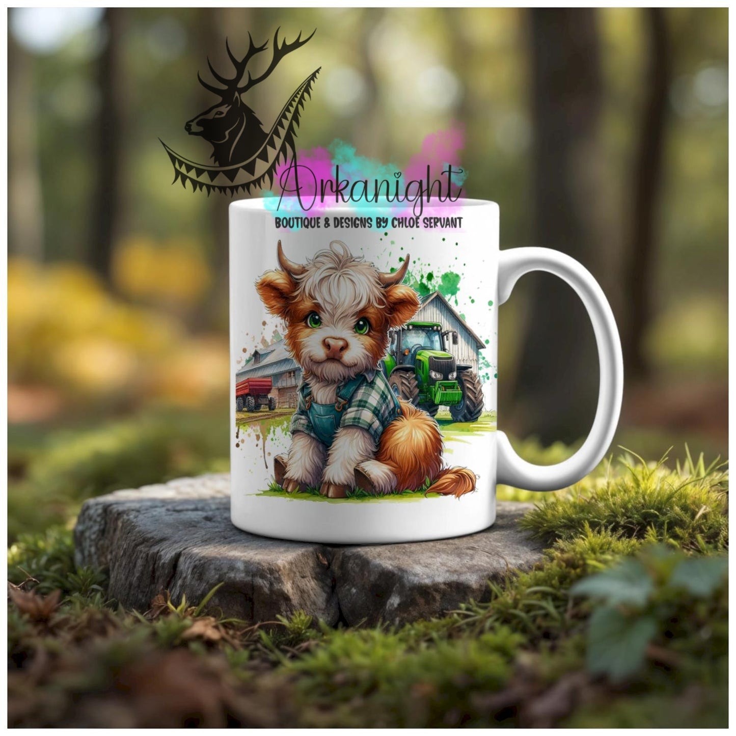 Numérique - Tasse en céramique - Collection Illustration Vache Métiers & Occupations - Vache Highland Blanche & Rousse - Farmer - Teinte de vert