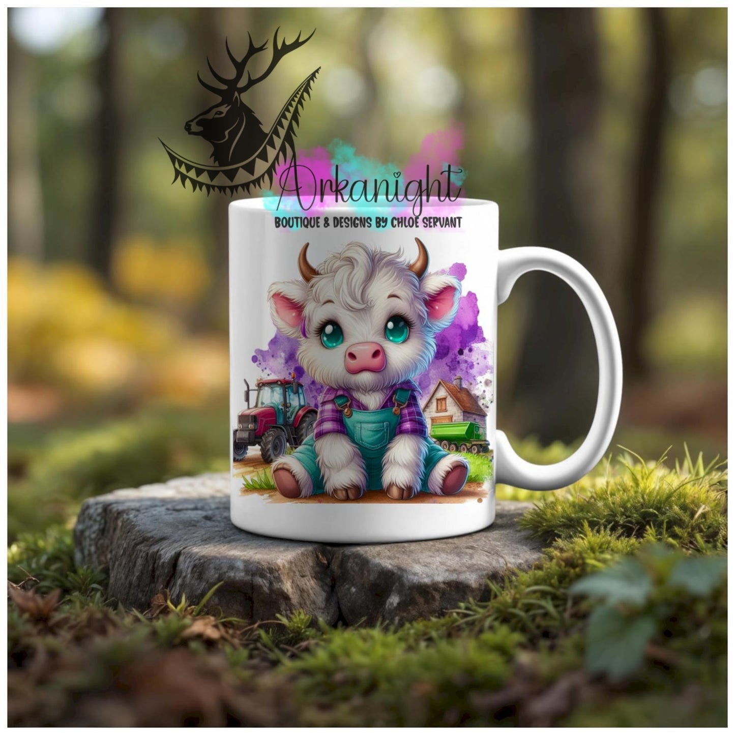 Numérique - Tasse en céramique - Collection Illustration Vache Métiers & Occupations - Vache Highland Blanche - Farmer - Teinte de Mauve