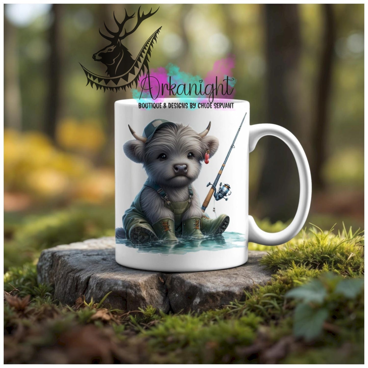 Numérique - Tasse en céramique - Collection Illustration Vache Métiers & Occupations - Vache Highland Grise - Pêcheur - 02