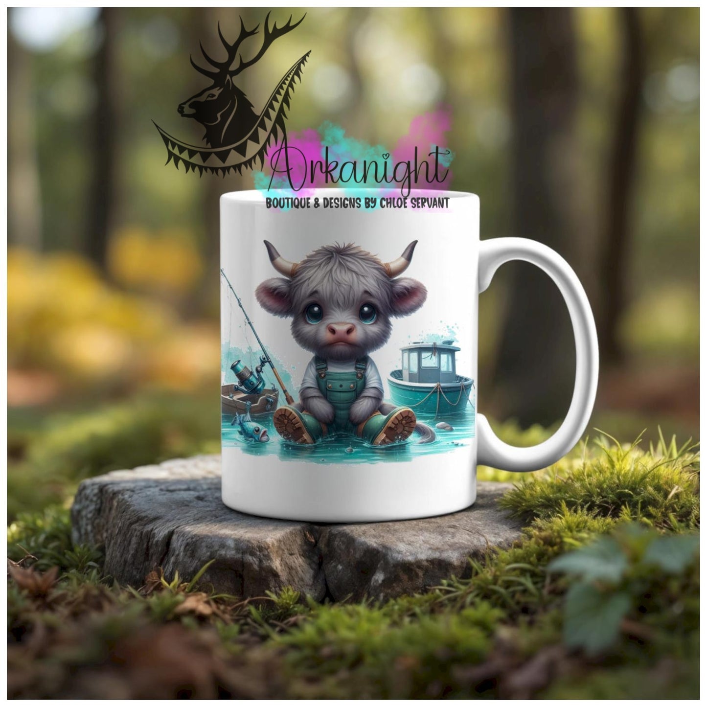 Numérique - Tasse en céramique - Collection Illustration Vache Métiers & Occupations - Vache Highland Grise - Pêcheur - 01
