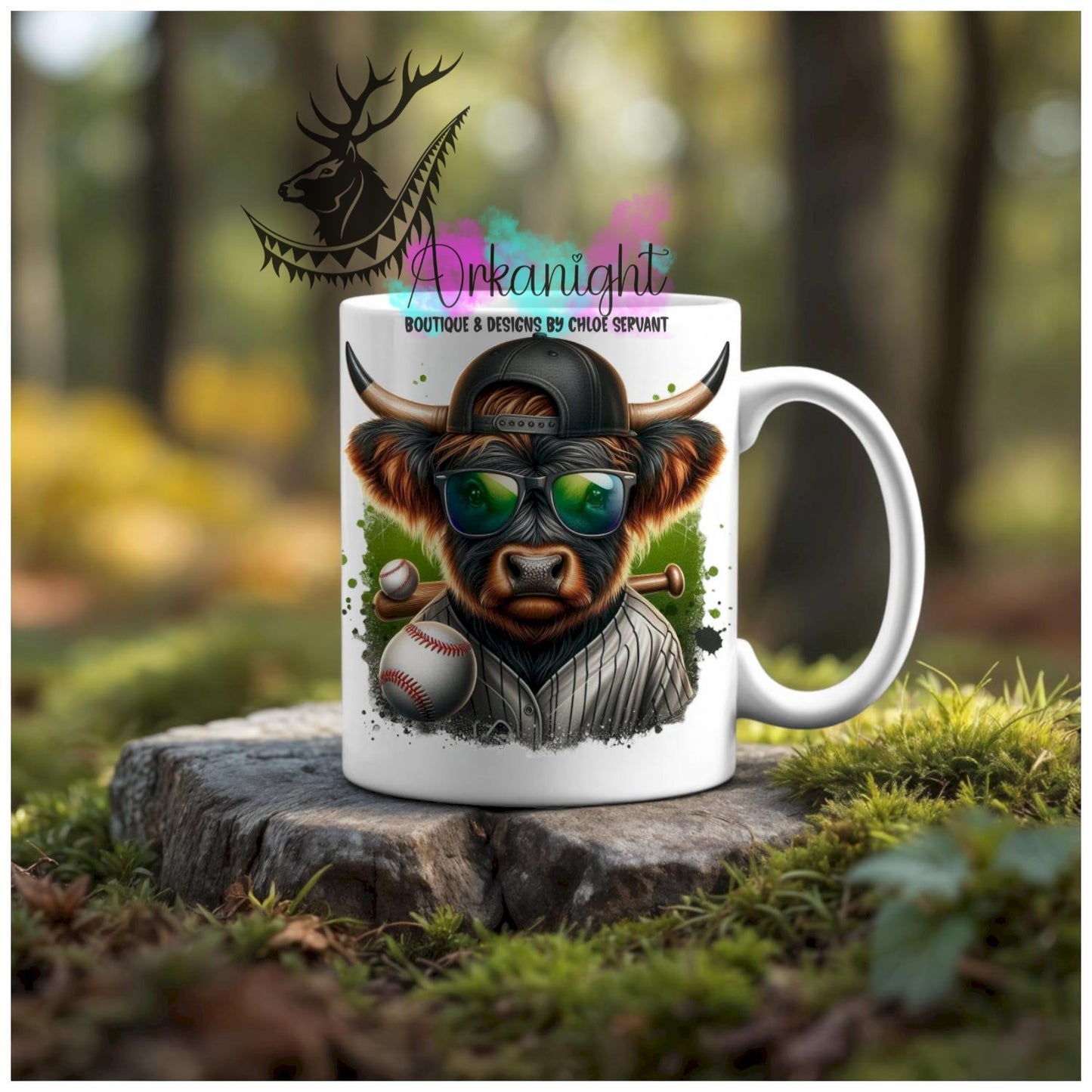 Numérique - Tasse en céramique - Collection Illustration Vache Métiers & Occupations - Vache Highland Brune & noire - Baseball - Teinte de vert