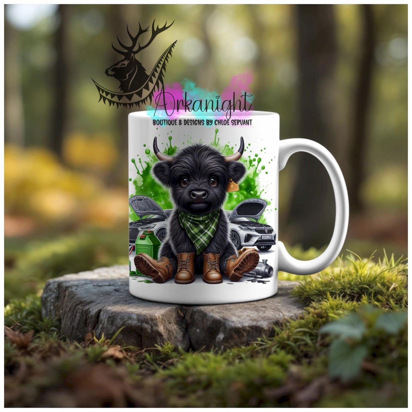 Numérique - Tasse en céramique - Collection Illustration Vache Métiers & Occupations - Vache Highland Noire - Mécanicien - Teinte de Vert - 01