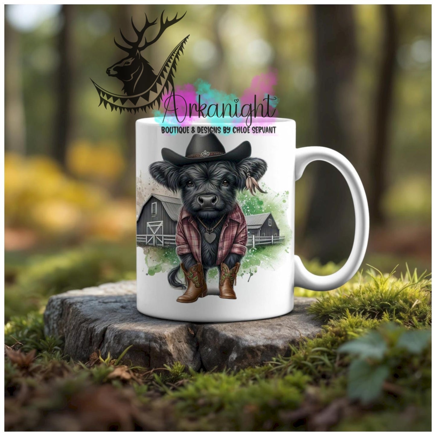 Numérique - Tasse en céramique - Collection Illustration Vache Métiers & Occupations - Vache Highland Noire - Cowboy - Teinte de Vert