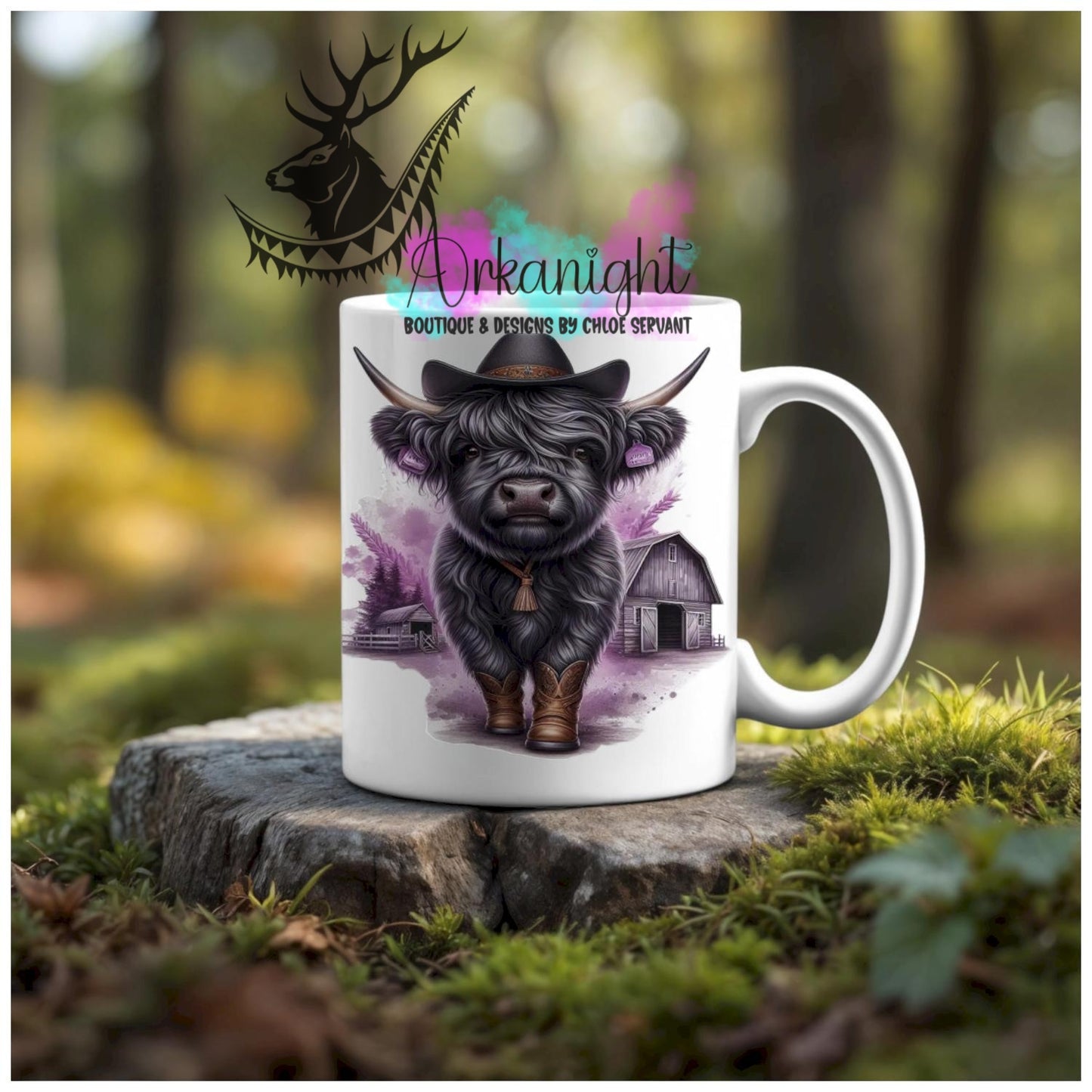 Numérique - Tasse en céramique - Collection Illustration Vache Métiers & Occupations - Vache Highland Noire - Cowgirl - Teinte de Mauve