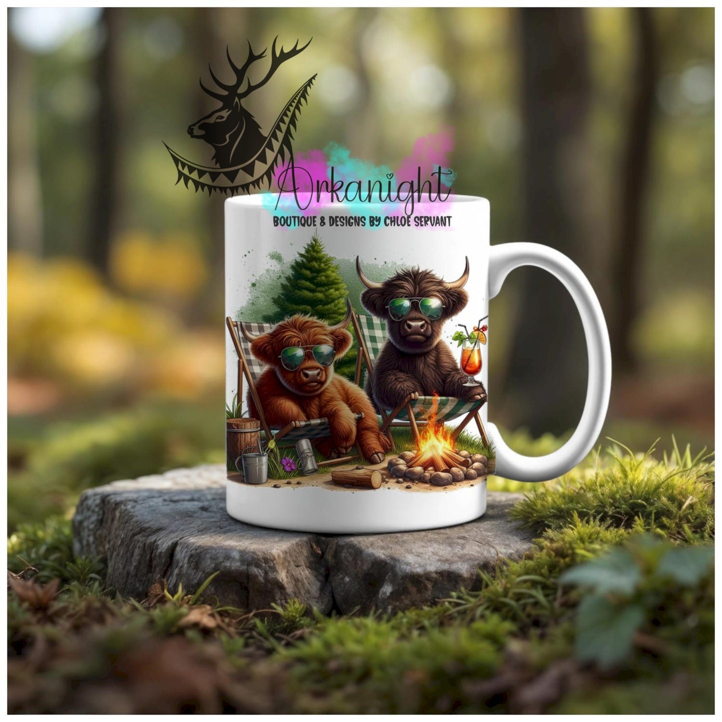 Numérique - Tasse en céramique - Collection Illustration Vache Métiers & Occupations - Vache Highland Brune & Noire - Camping