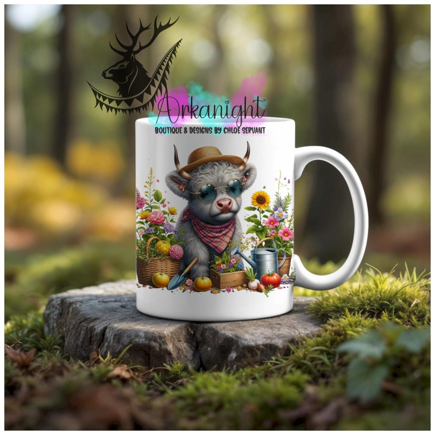 Numérique - Tasse en céramique - Collection Illustration Vache Métiers & Occupations - Vache Highland Grise - Jardinage - 03