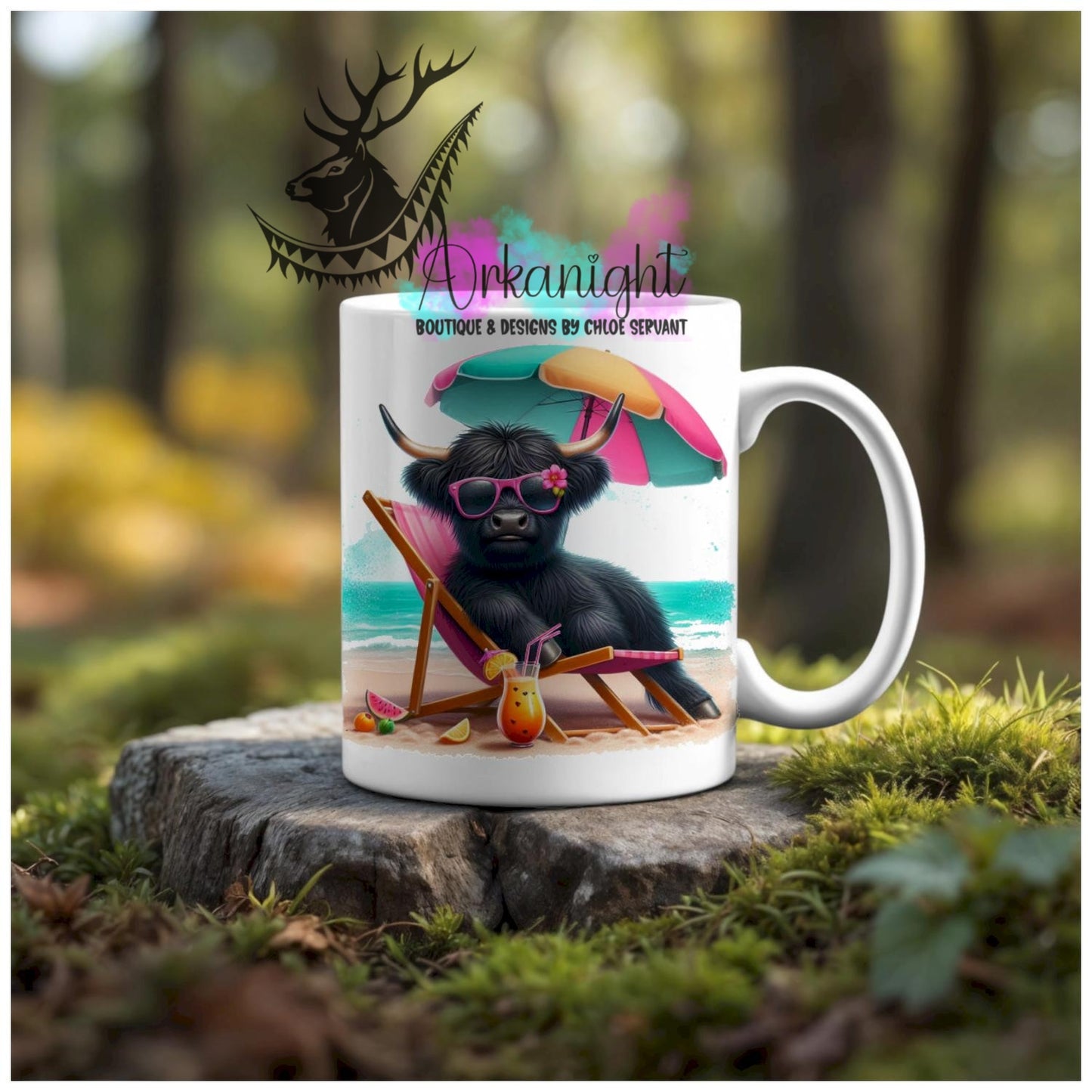 Numérique - Tasse en céramique - Collection Illustration Vache Métiers & Occupations - Vache Highland Noir - À la plage - 02