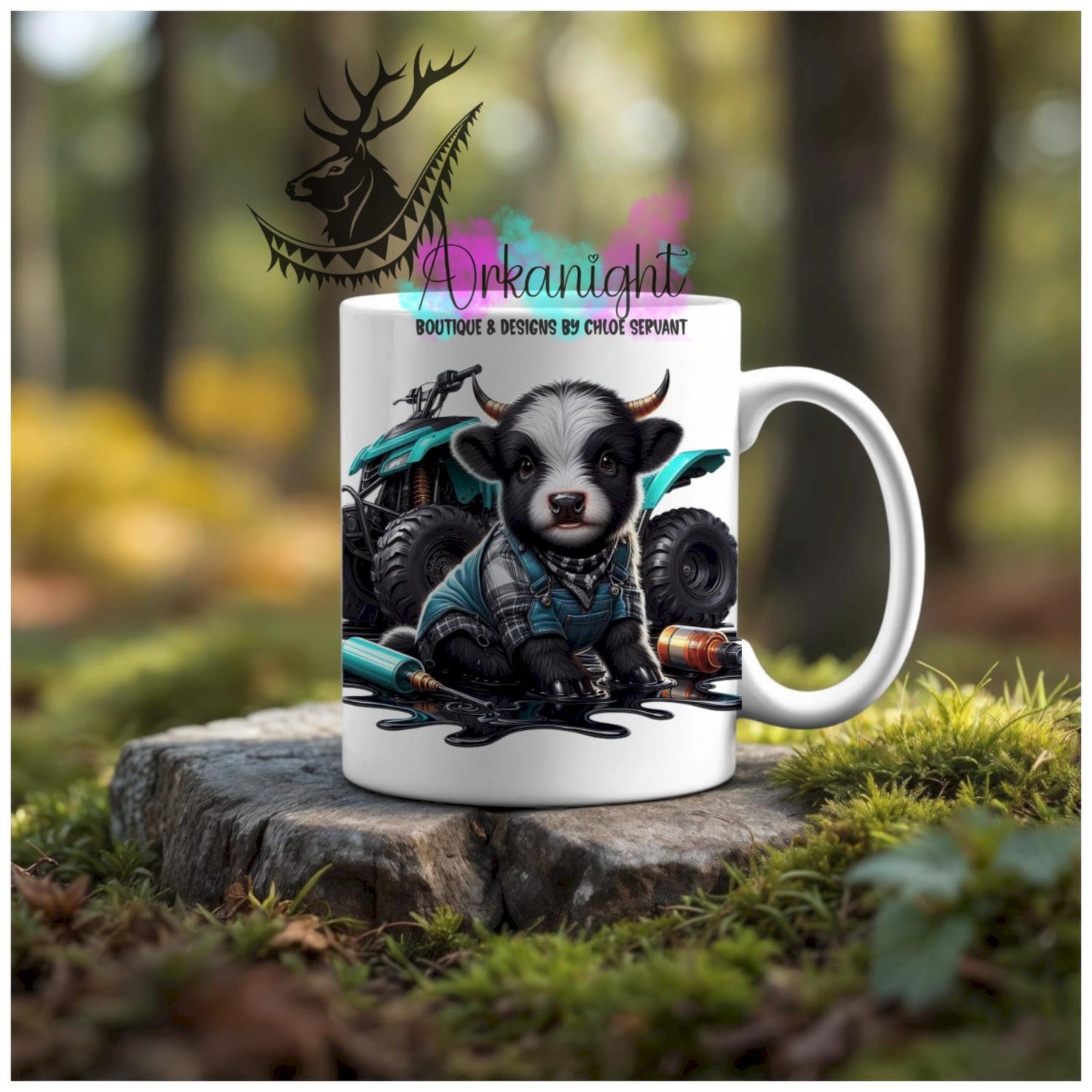 Numérique - Tasse en céramique - Collection Illustration Vache Métiers & Occupations - Vache Highland Blanche & Noir - VTT - Teinte Turquoise