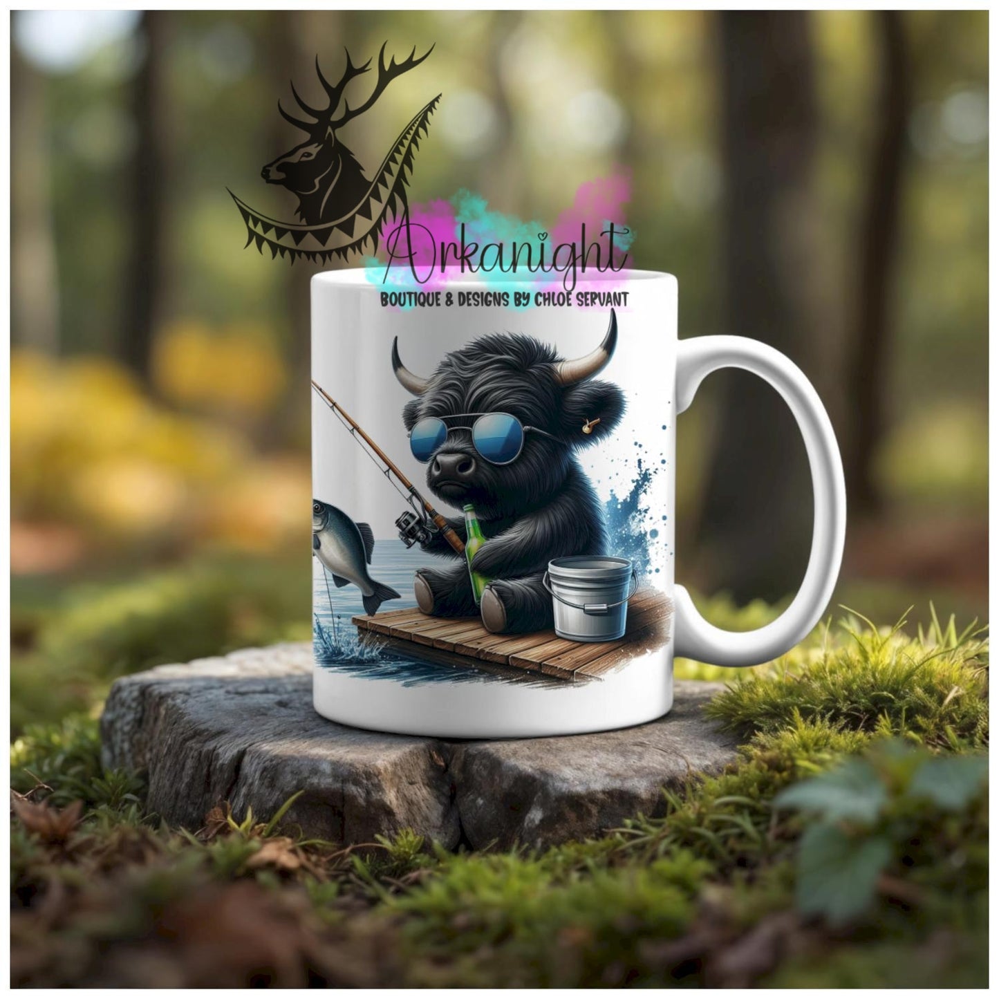 Numérique - Tasse en céramique - Collection Illustration Vache Métiers & Occupations - Vache Highland Noir - Pêche - Teinte Bleu - 01