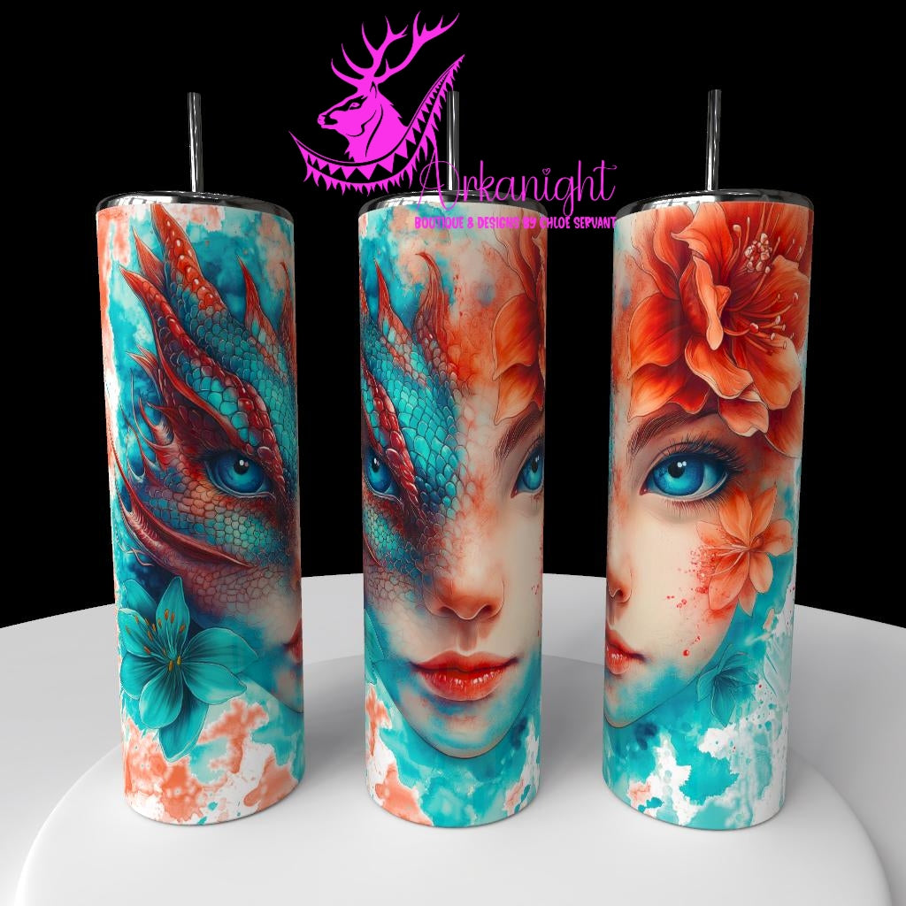 Gourde sur commande - Collection Fantaisie 2026 - Mi-Femme Mi-Dragon - Turquoise & Orange