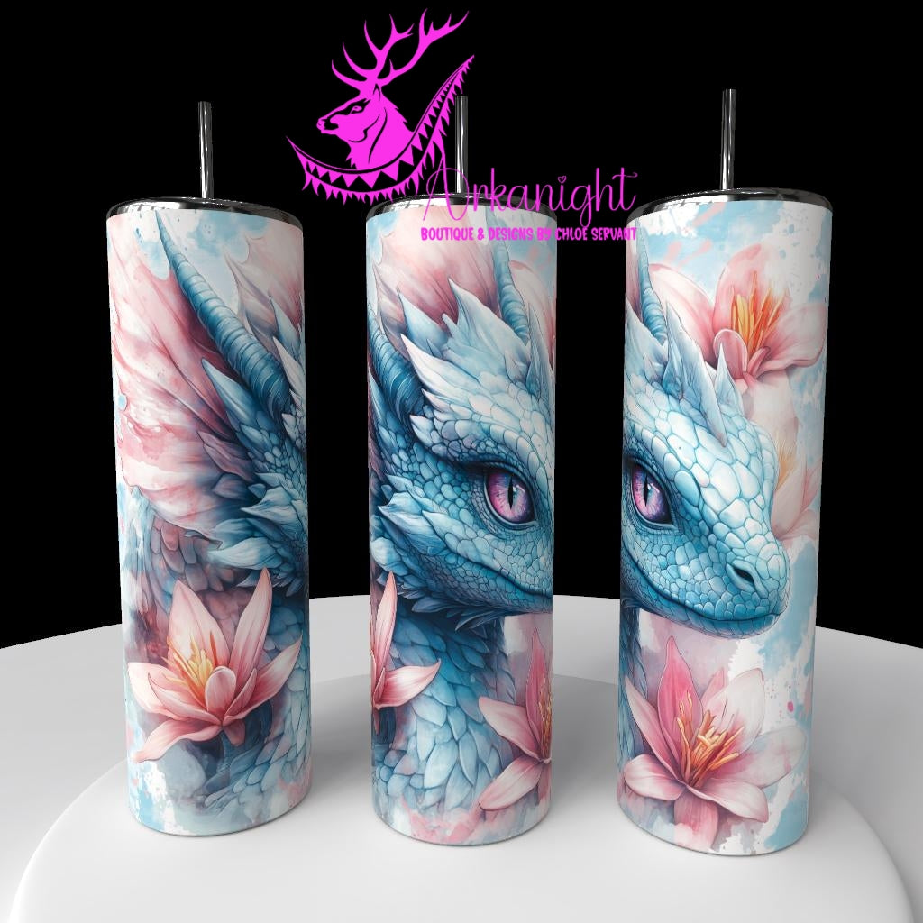 Gourde sur commande - Collection Fantaisie 2026 - Dragon - Bleu Ciel & Rose Pastel