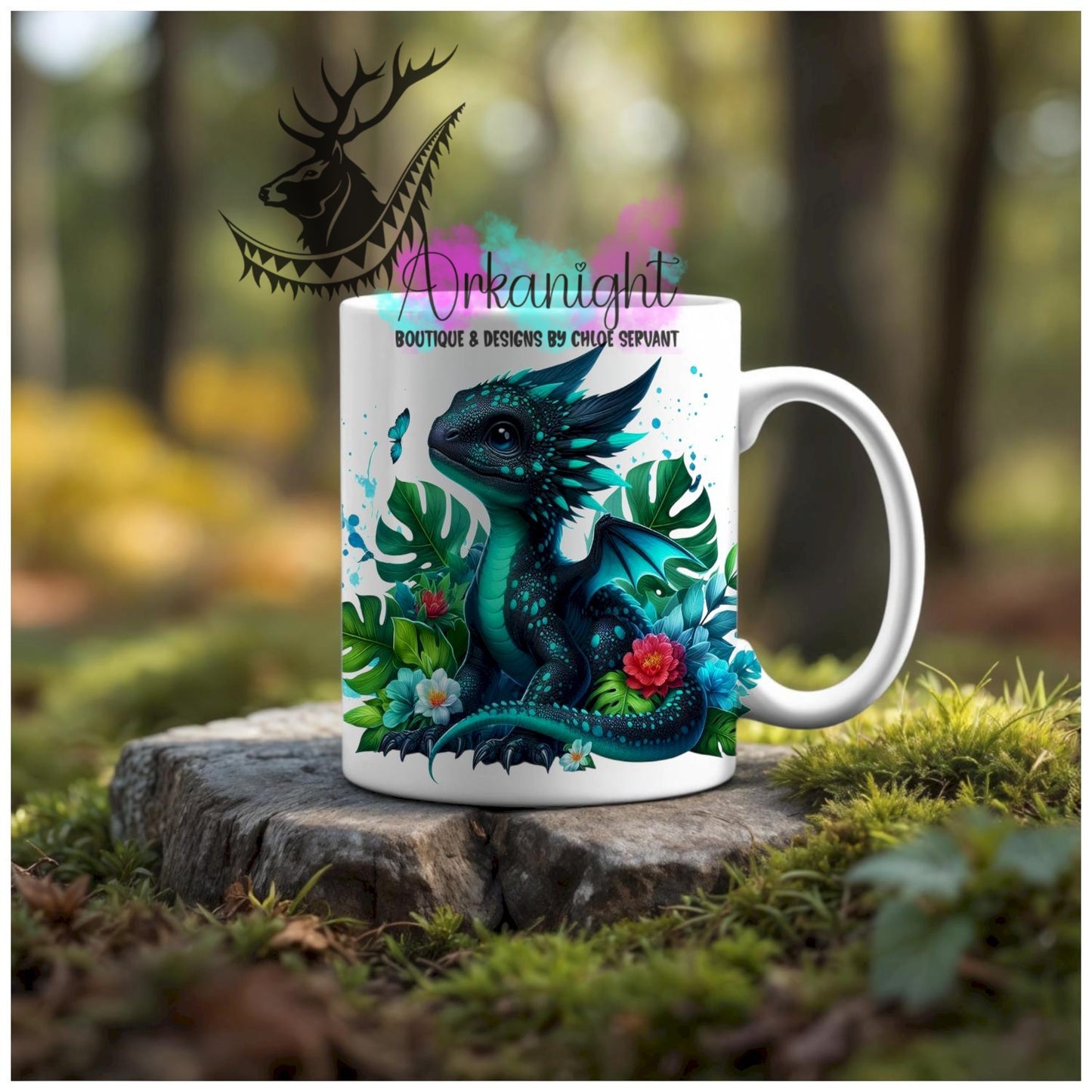 Numérique - Tasse en céramique - Collection Monstera & Animaux - Dragon Noir & Turquoise