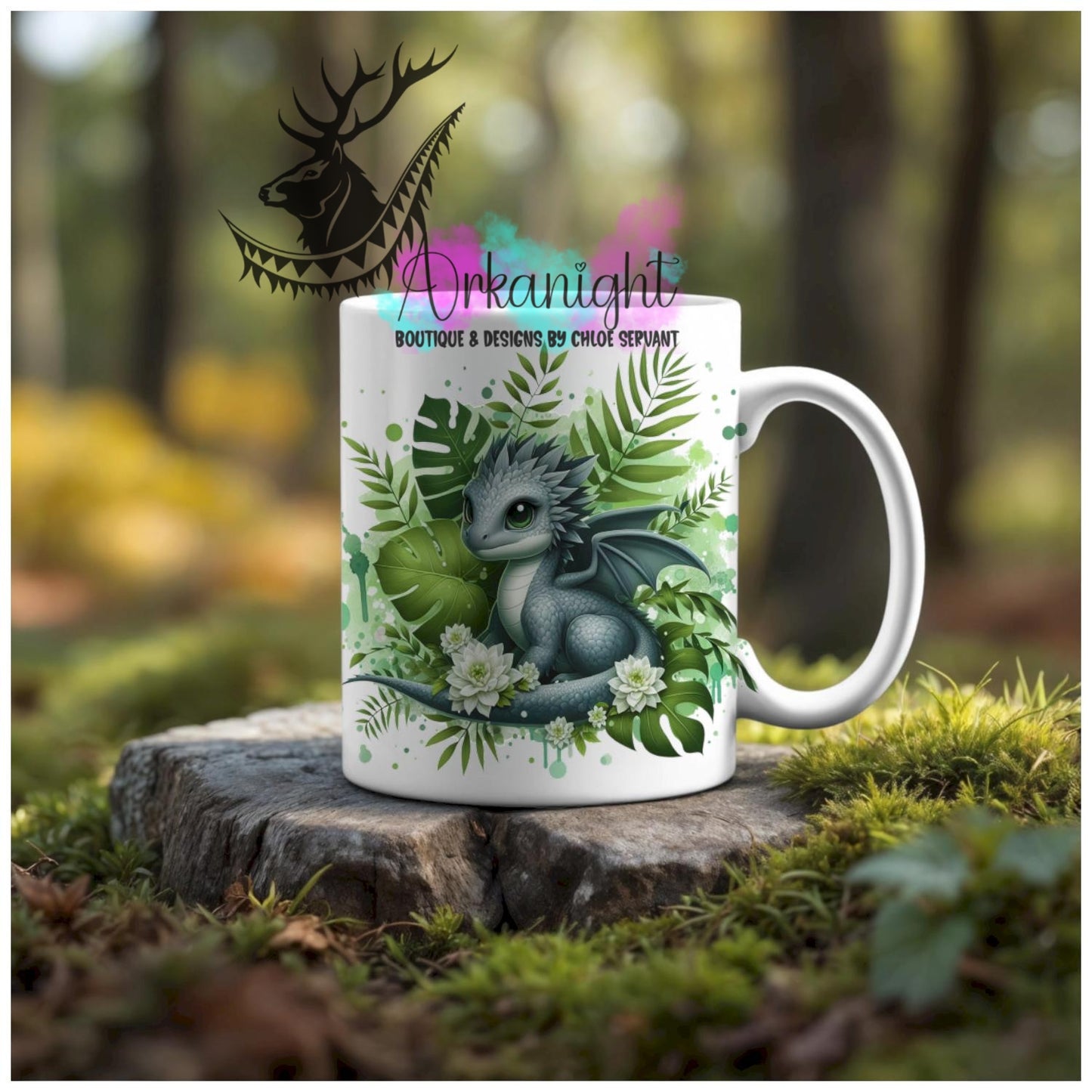 Numérique - Tasse en céramique - Collection Monstera & Animaux - Dragon Gris & Vert Sauge