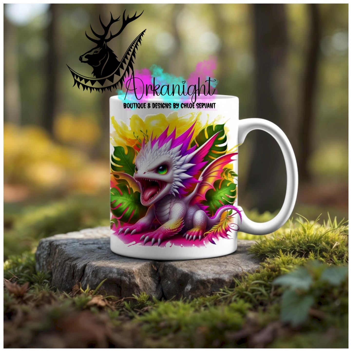 Numérique - Tasse en céramique - Collection Monstera & Animaux - Blan , Rose neon & Jaune Neon