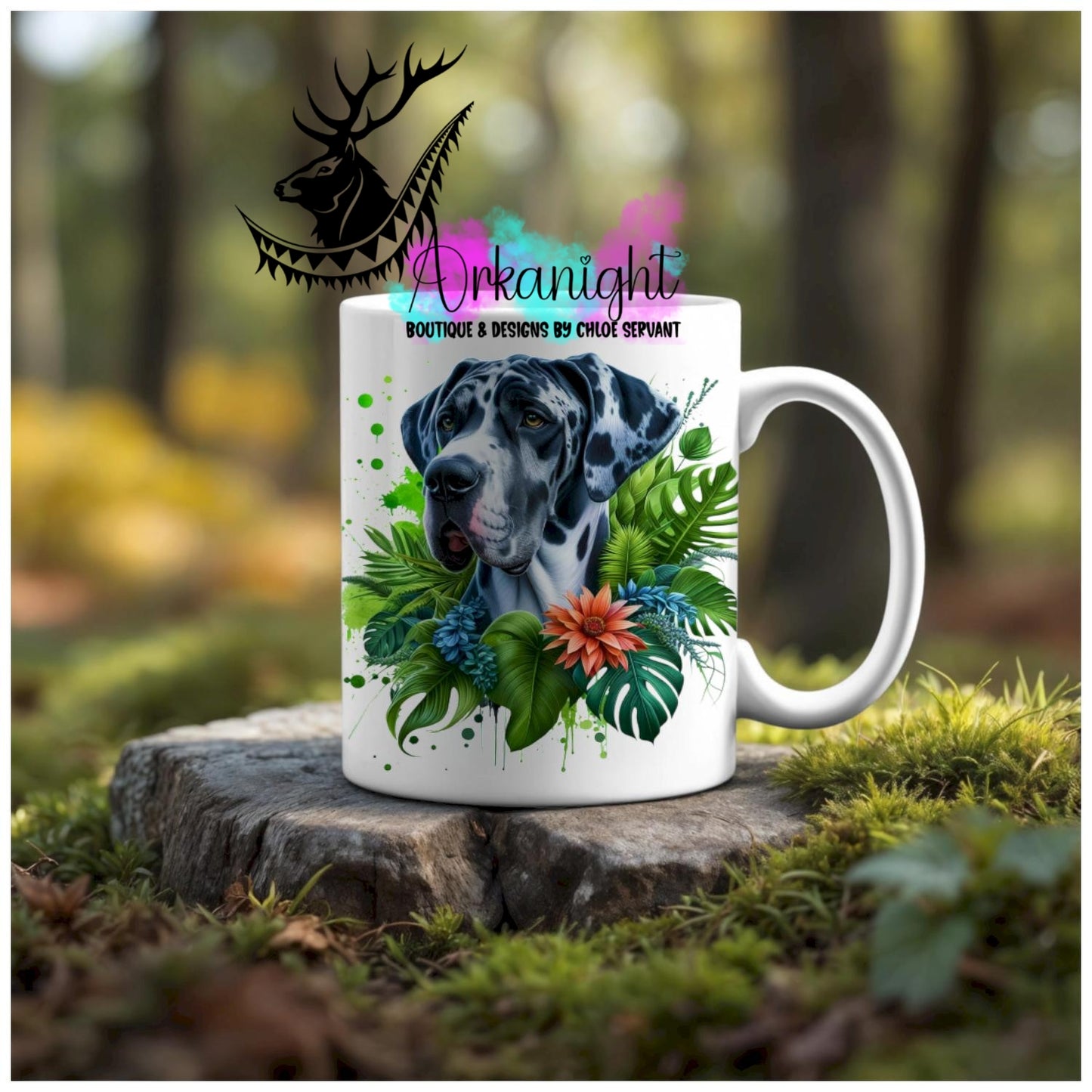 Numérique - Tasse en céramique - Collection Monstera & Animaux - Chien Grand Danois Bleu Merle