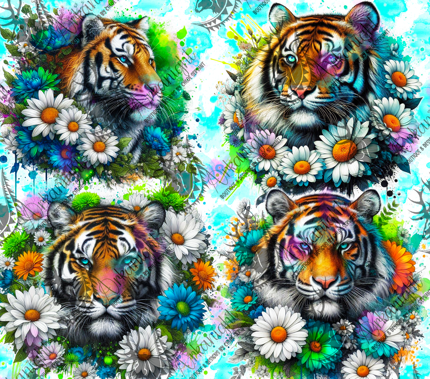 Numérique - Collection Vivid Colors & Flowers - Animaux - Tigre - Teinte de Turquoise