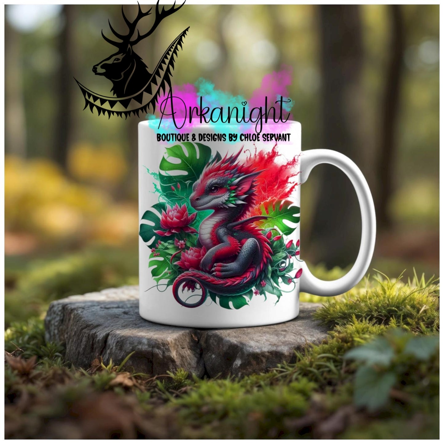 Numérique - Tasse en céramique - Collection Monstera & Animaux - Dragon - Gris & Rouge Vif