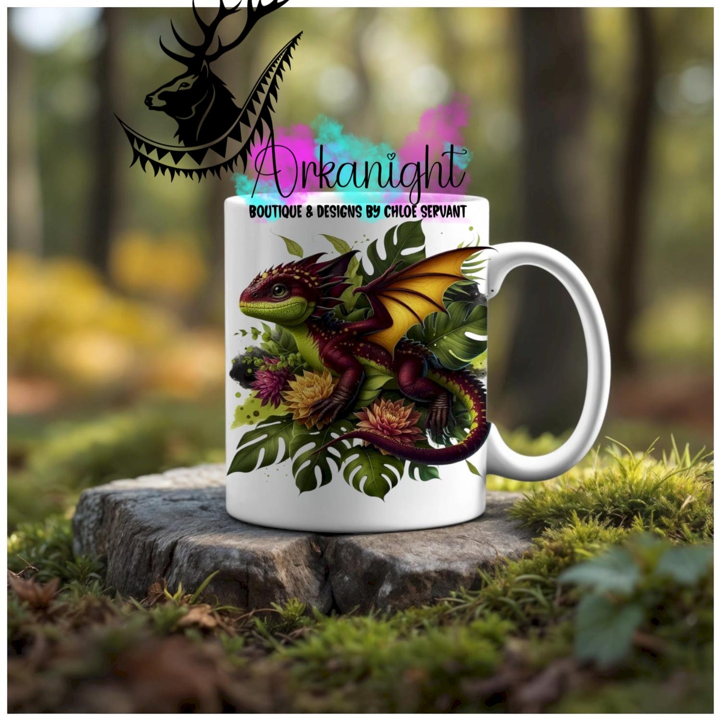 Numérique - Tasse en céramique - Collection Monstera & Animaux - Dragon - Bourgogne, Jaune & Vert