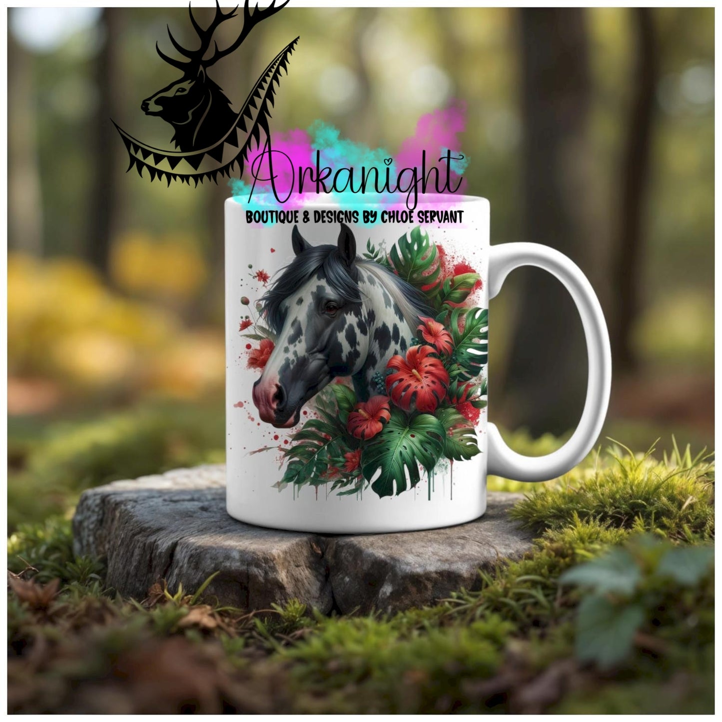 Numérique - Tasse en céramique - Collection Monstera & Animaux - Cheval Paint Horse Noir & Blanc