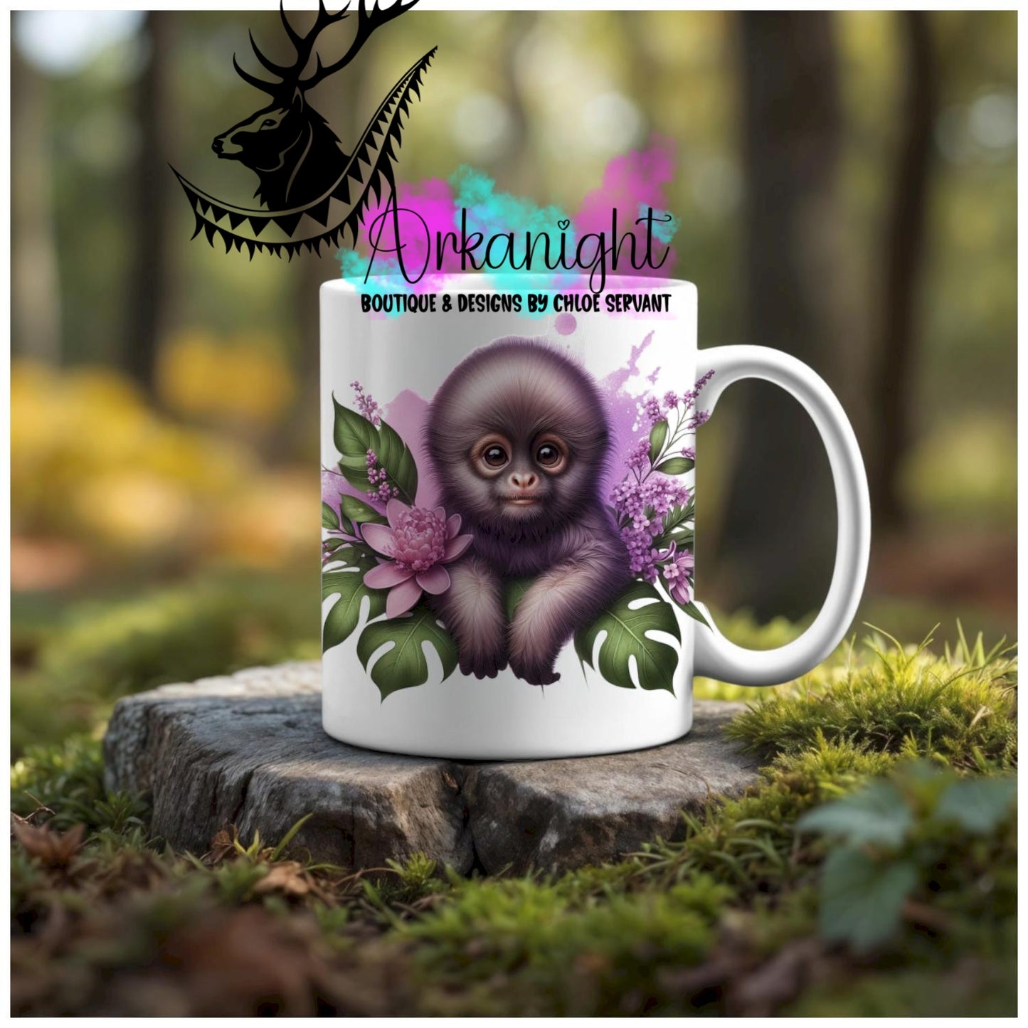 Numérique - Tasse en céramique - Collection Monstera & Animaux - Singe araignée - Lilas