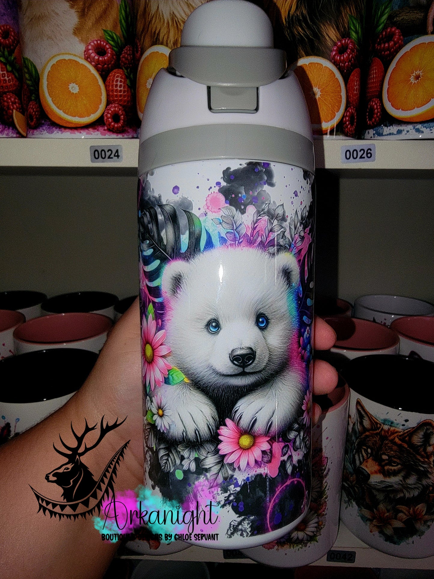 Gourde Owala DUPE 16 oz pour enfant - Sur Commande - Collection Vivid Colors & Flowers - Ours Polaire