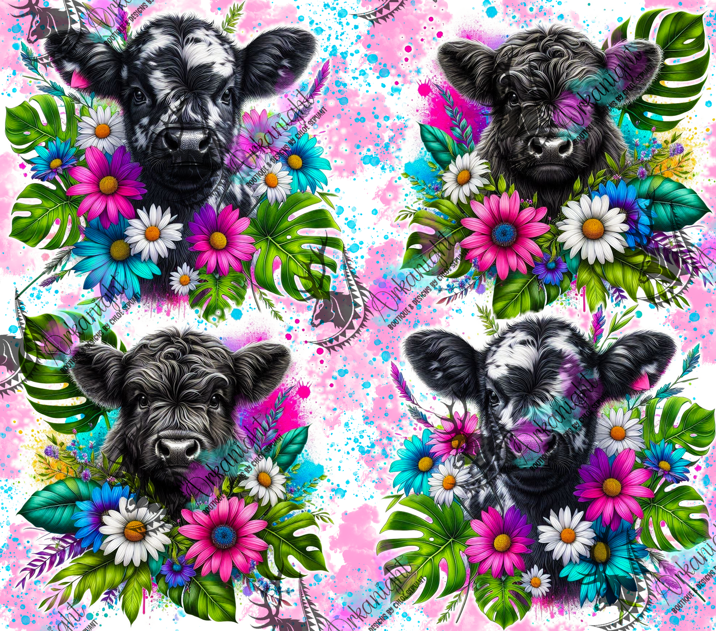 Numérique - Collection Vivid Colors & Flowers - Animaux - Vache Highland Noire et Blanche