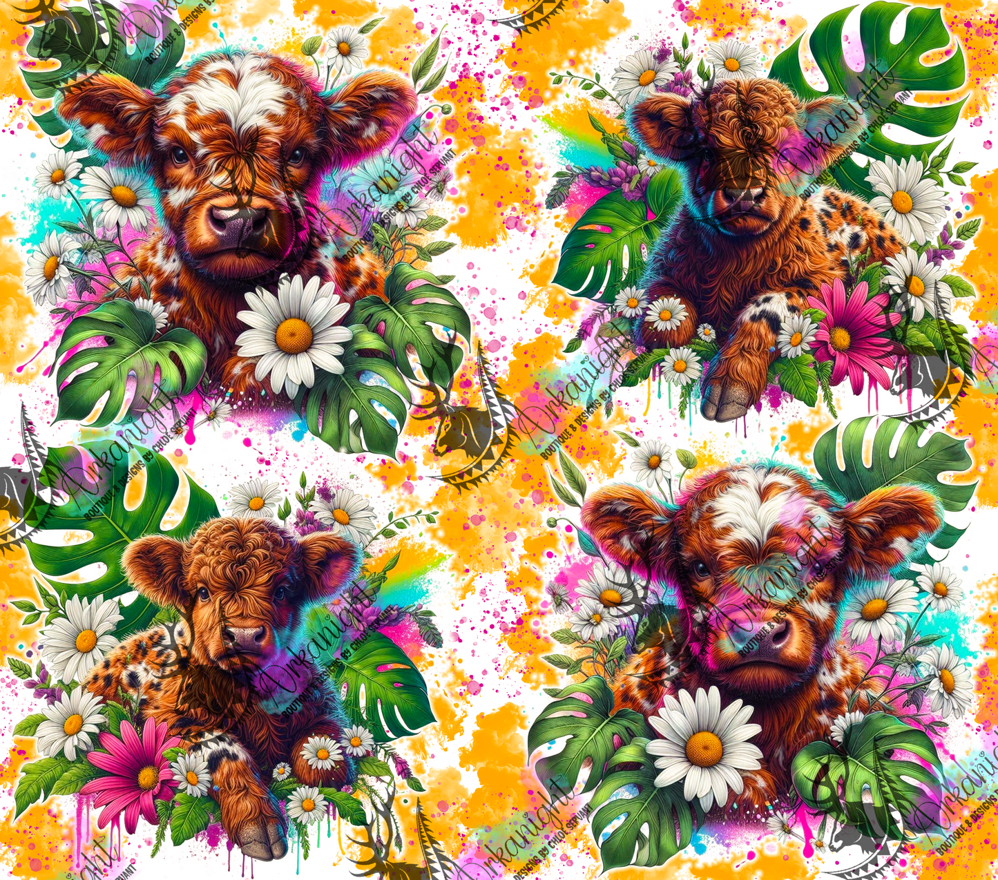 Numérique - Collection Vivid Colors & Flowers - Animaux - Vache Highland Rousse et Blanche