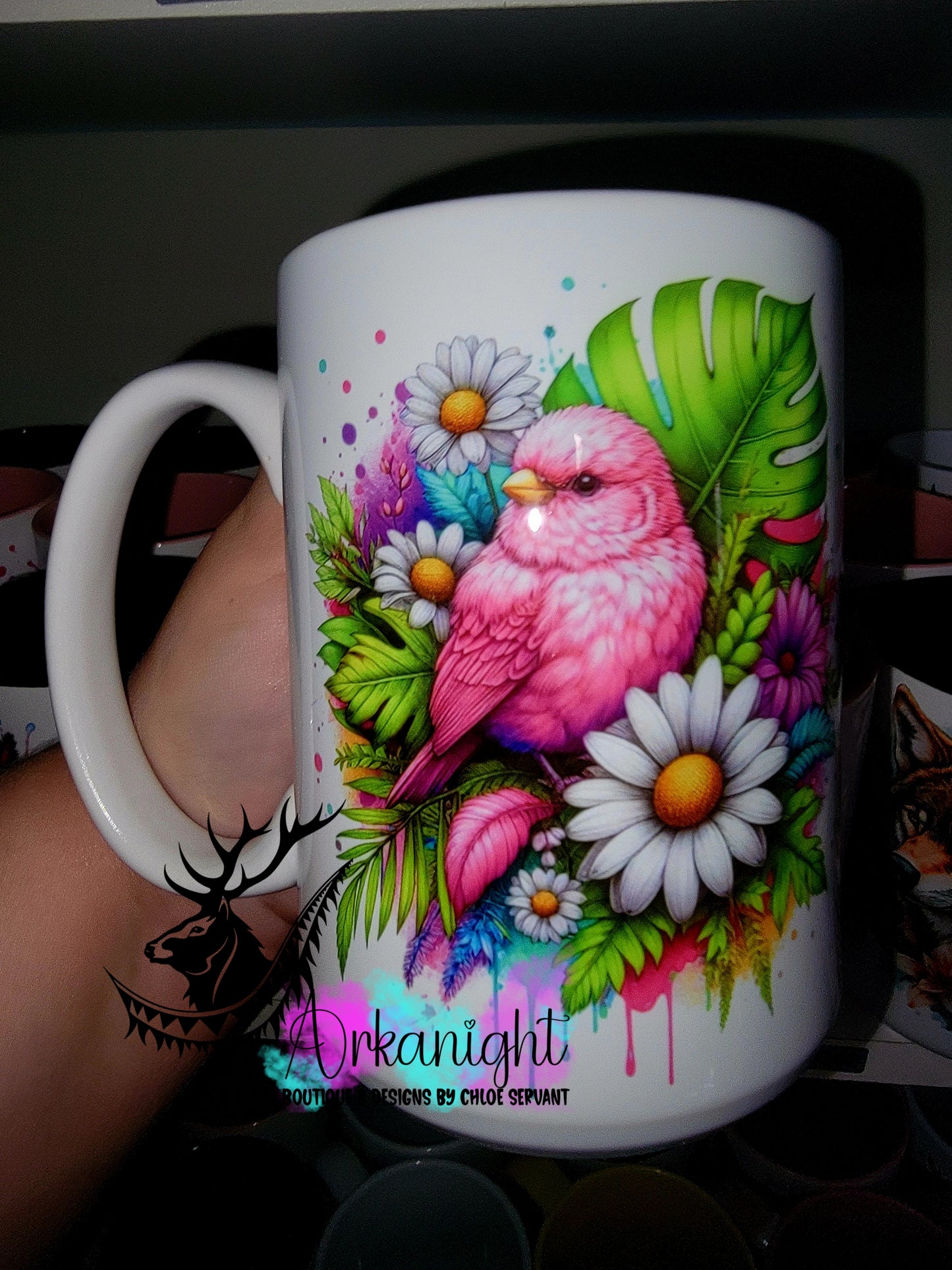 Tasse en céramique sur commande - Collection Vivid Color's & Flower's - Animaux - Oiseaux Rose - 02