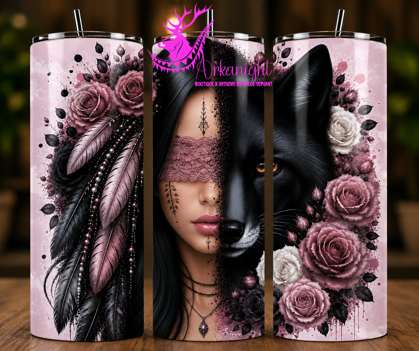 Gourde sur commande - Collection Boho 2026 - Mi-Femme ♡ Mi-Animaux - Renard Noir - Noire