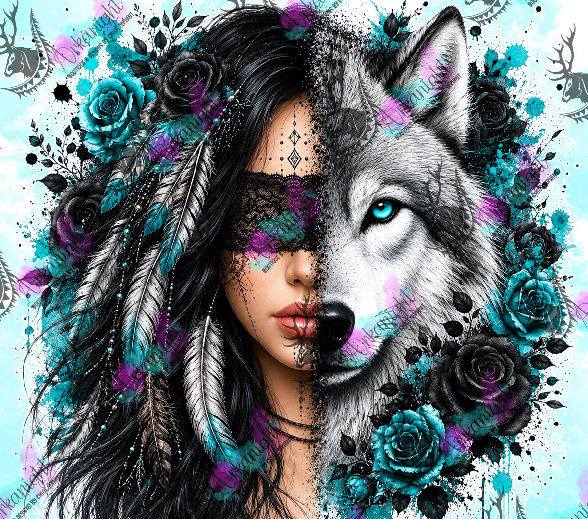 Numérique - Collection Boho 2026 - Mi-Femme ♡ Mi-Animaux - Loup Gris - Noire
