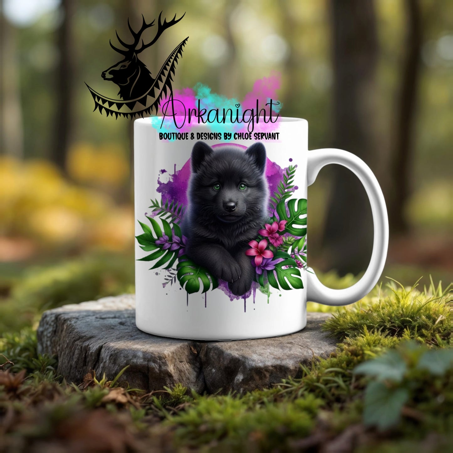 Numérique - Tasse en céramique - Collection Monstera & Animaux ♡ Louveteau Noir