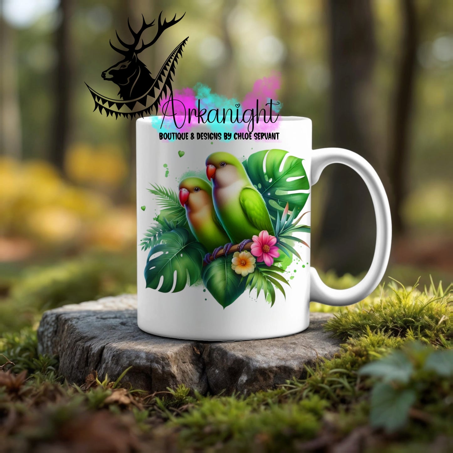Numérique - Tasse en céramique - Collection Monstera & Animaux ♡ Couple d'inséparables