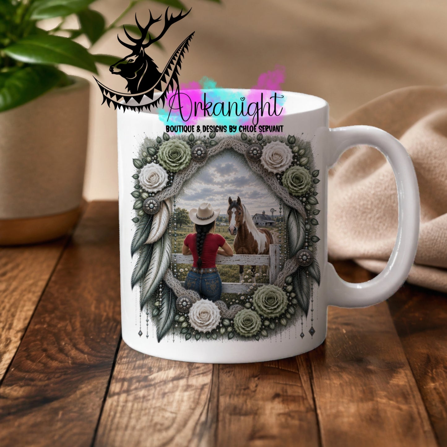 Tasse en céramique sur commande - Collection Boho 2026 ♡ Double Exposition ♡ Fence - Cowgirl & Paint horse brun & Blanc