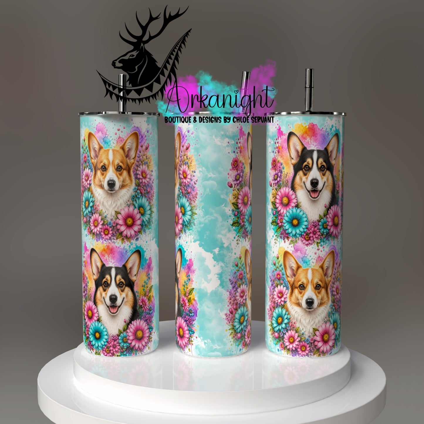 Gourde sur commande - Collection Fleurie Pastelle - Chien Corgi