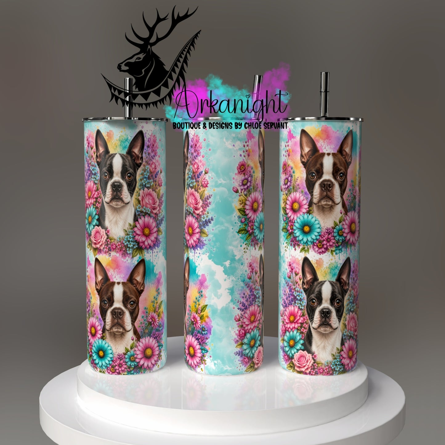 Gourde sur commande - Collection Fleurie Pastelle - Chien Boston terrier
