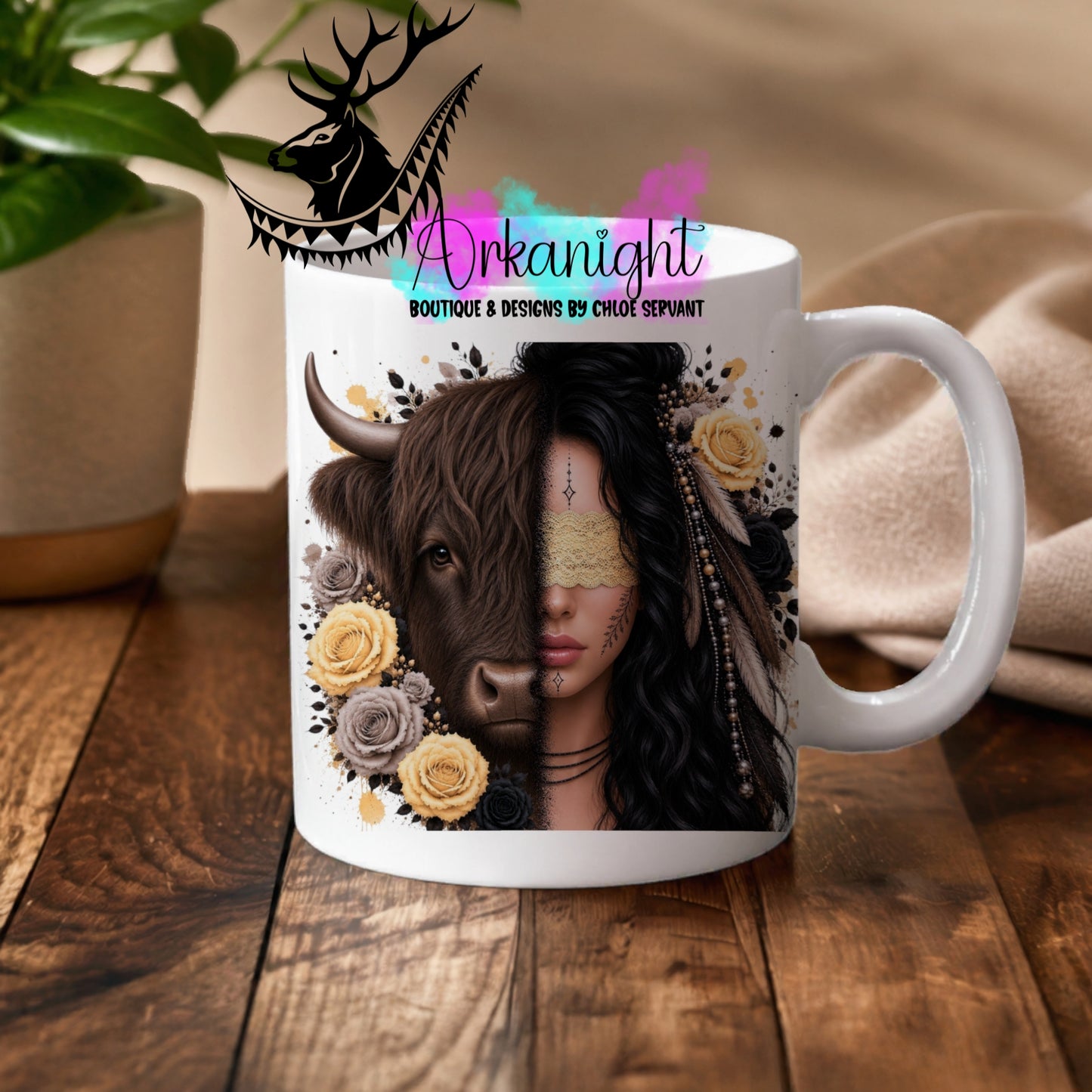 Tasse en céramique sur commande - Collection Boho 2026 ♡ Mi-Femme Mi-Animaux ♡ Vache Noir