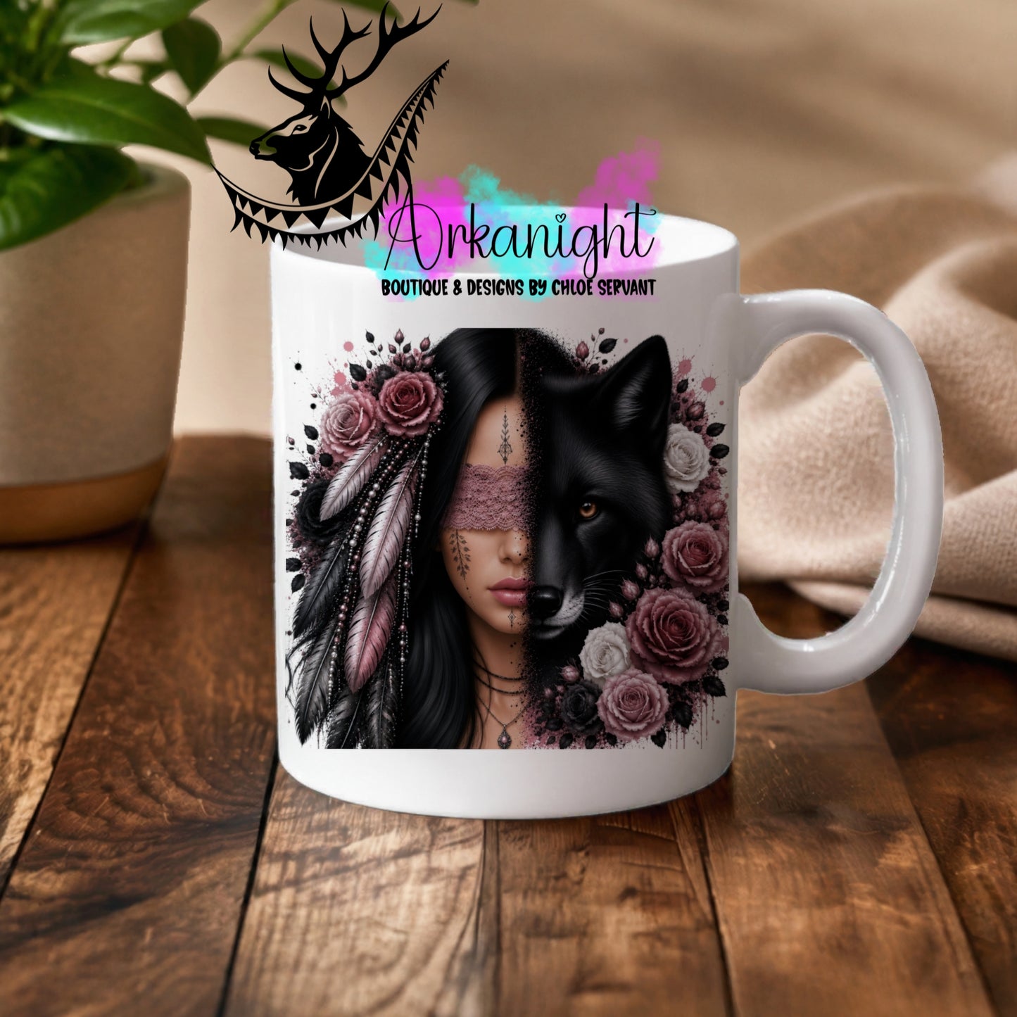 Numérique - Tasse en céramique - Collection Boho 2026 ♡ Mi-Femme Mi-Animaux ♡ Renard - Noir