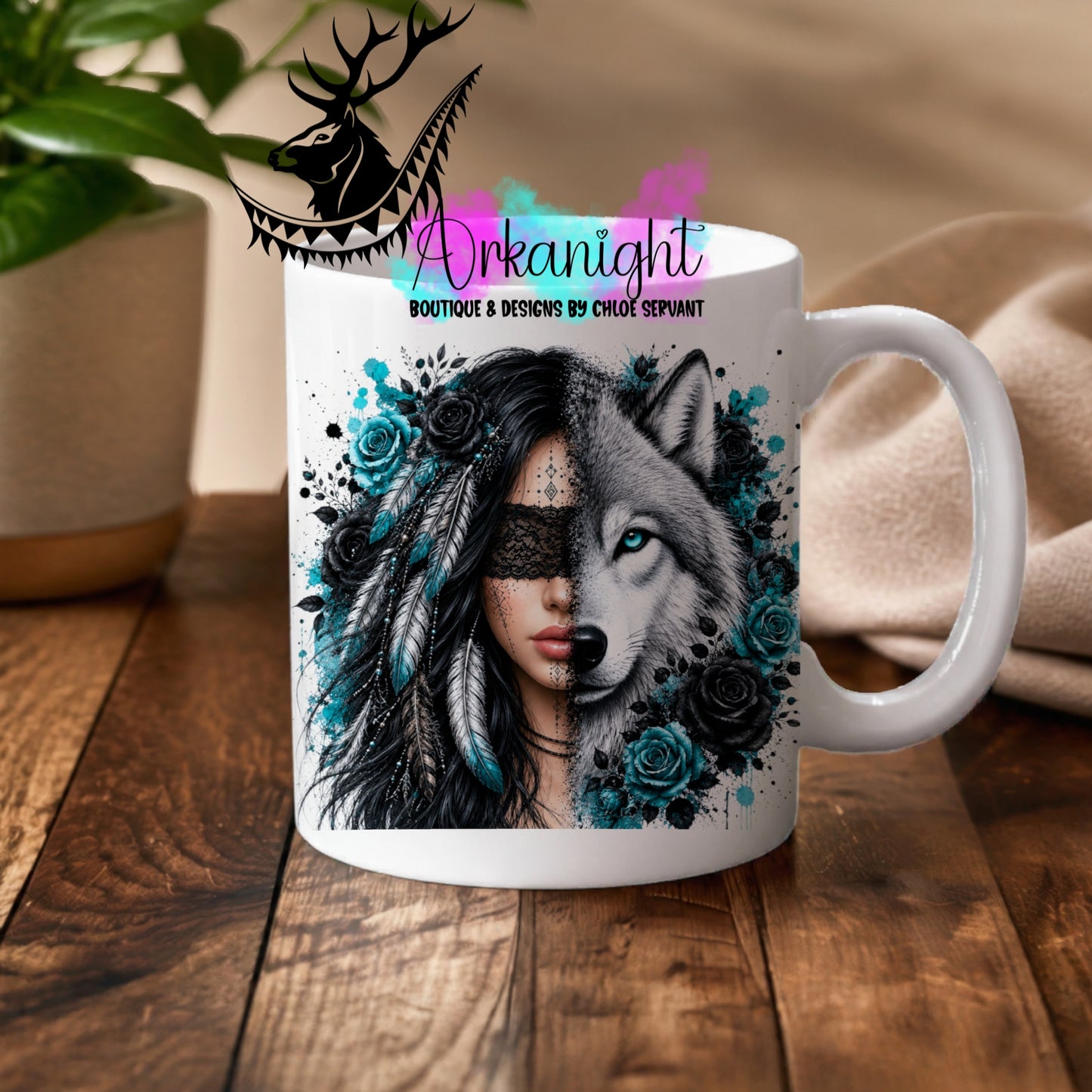 Numérique - Tasse en céramique - Collection Boho 2026 ♡ Mi-Femme Mi-Animaux ♡ Loup - Noir