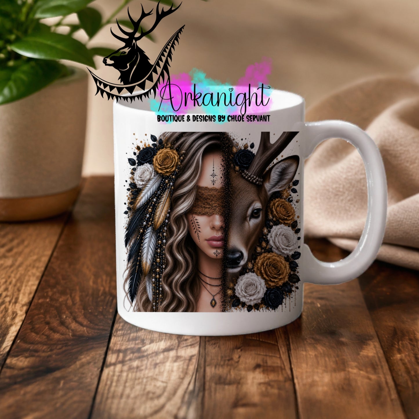 Numérique - Tasse en céramique - Collection Boho 2026 ♡ Mi-Femme Mi-Animaux ♡ Cerf - Châtain