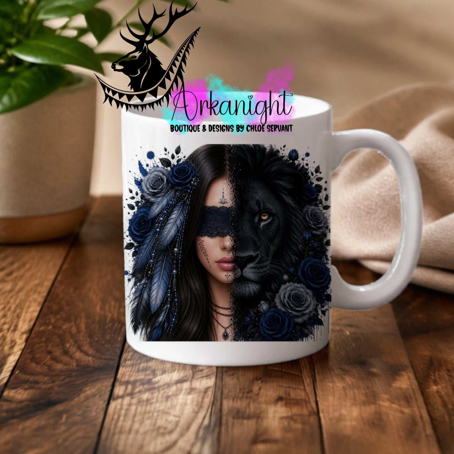 Numérique - Tasse en céramique - Collection Boho 2026 ♡ Mi-Femme Mi-Animaux ♡ Lion - Noir