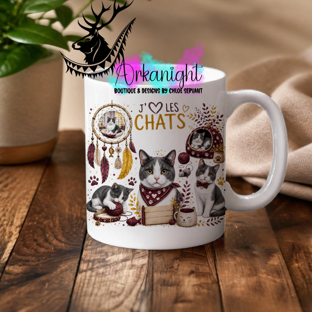 Numérique - Tasse en céramique - Collection Boho 2026 ♡ Chats ♡ Gris & Blanc