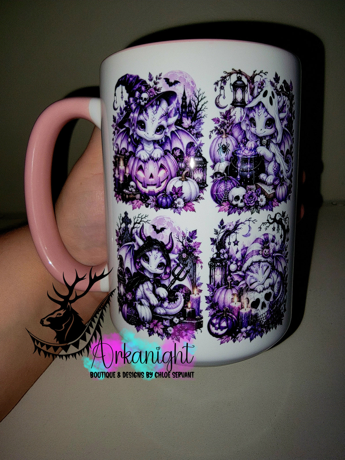 Tasse en céramique sur commande - Collection Automne et Halloween 2026 ♡ Dragon ♡ Mauve et Blanc