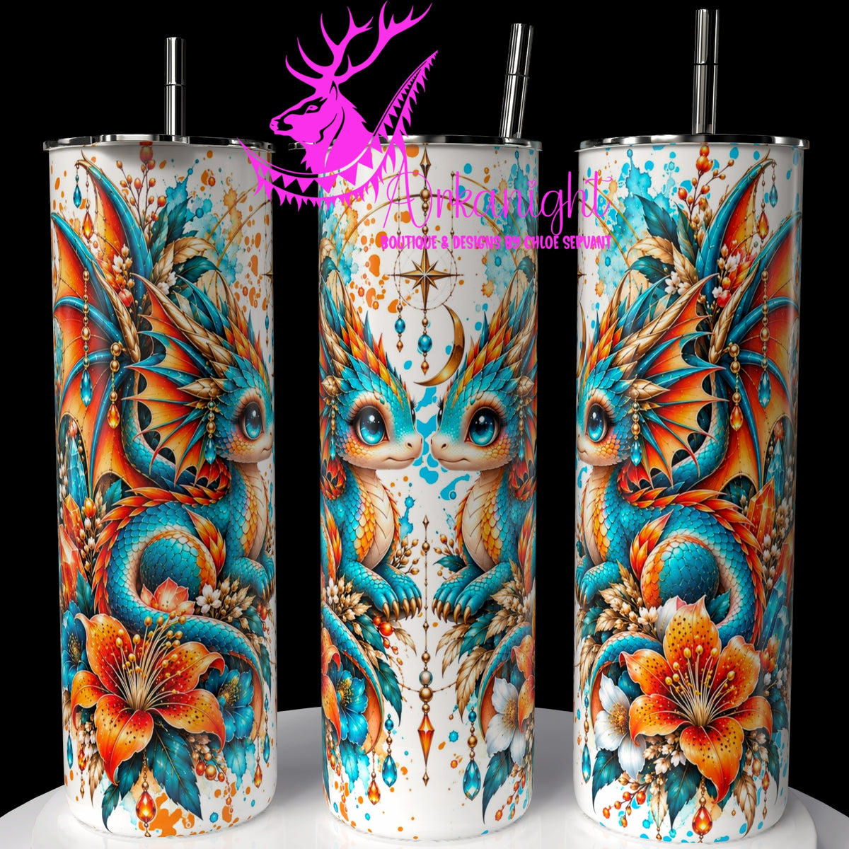 Gourde sur commande ♡ Collection Animaux - Cycle Lunaire ♡ Dragon ♡ Turquoise & Orange