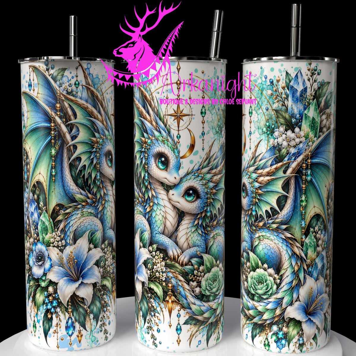 Gourde sur commande ♡ Collection Animaux - Cycle Lunaire ♡ Dragon ♡ Bleu pâle & Vert Menthe