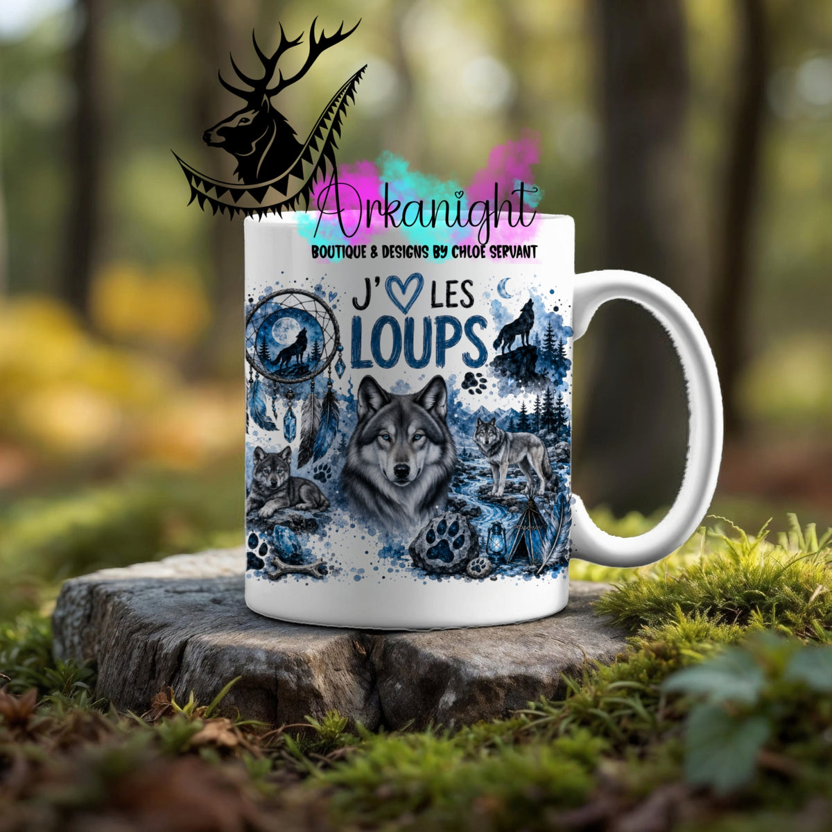 Tasse en céramique sur commande - Collection Boho Capteur de rêve ♡ Loup Gris