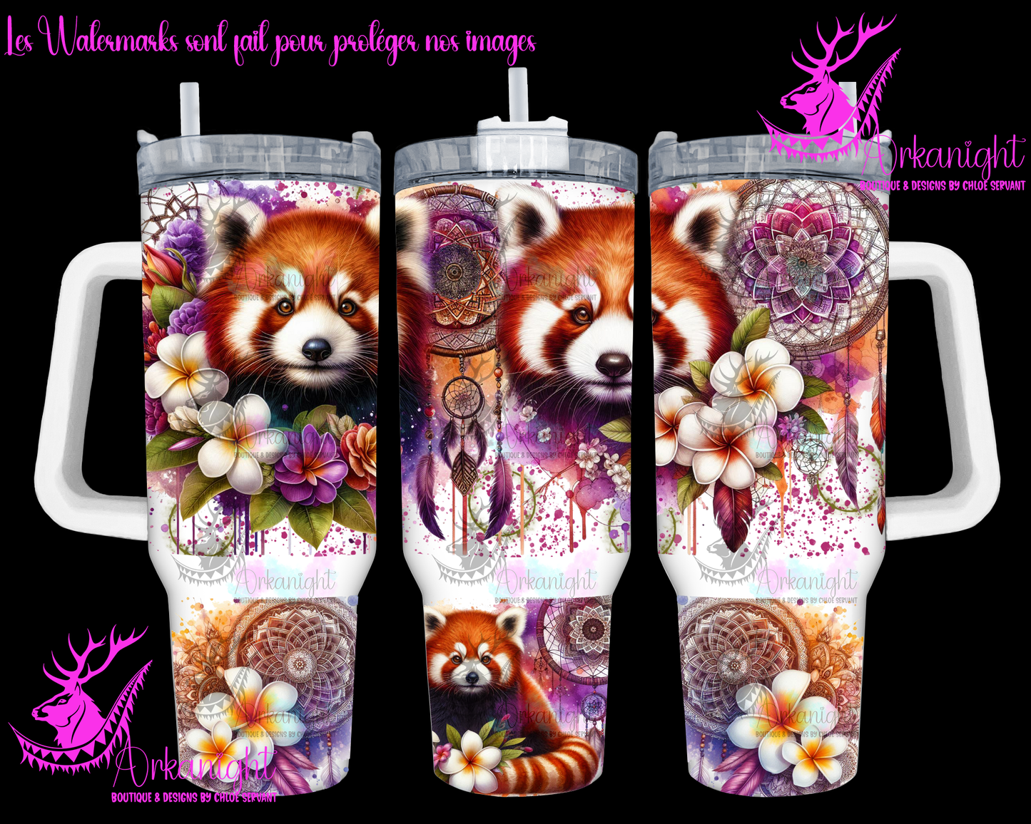 Gourde 40 oz sur commande - Watercolor Mandalas Red Panda