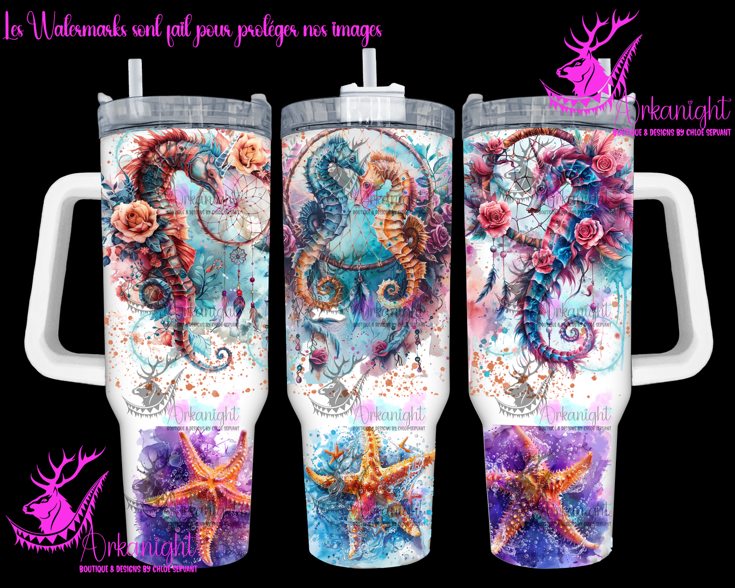 Gourde 40 oz sur commande - Watercolor Boho Seahorses