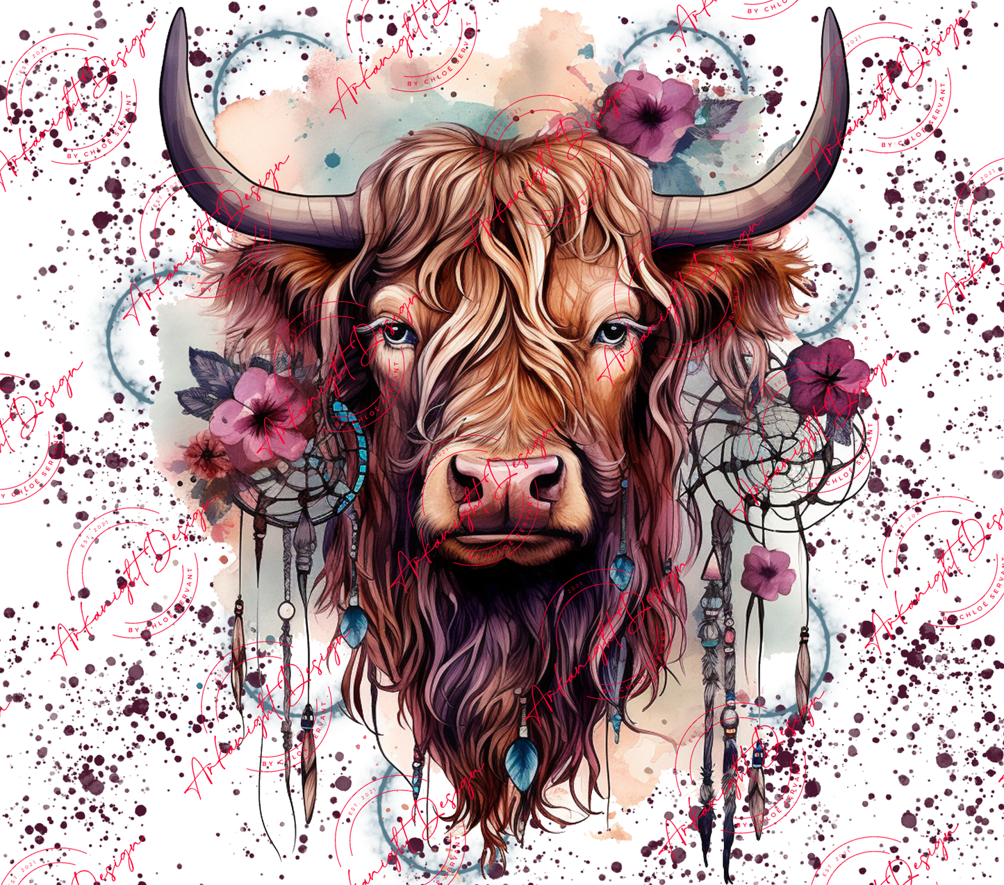 Watercolor Boho Highland Cow