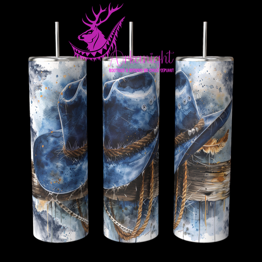 Gourde sur commande - Blue Cowboy hat on a fence