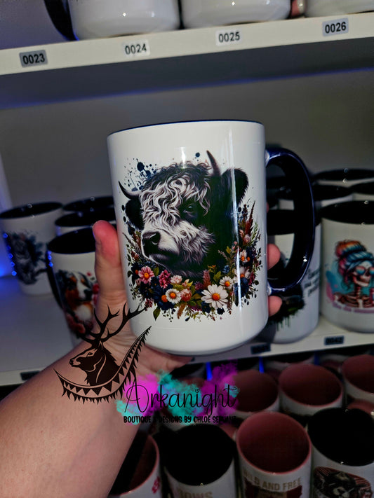 Tasse en céramique sur commande - Dark Flower Highland Cow  - 02